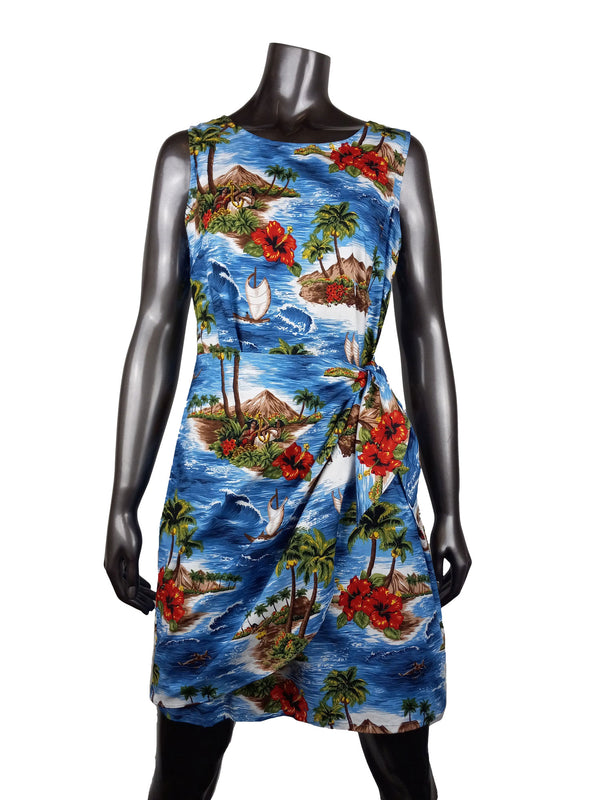 Red Hibiscus Island Women's Mock Wrap Hawaiian Sarong Dress